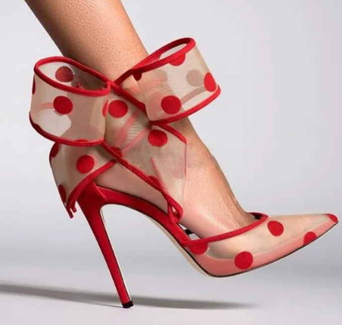 Ankle Strap Heels - Polka Dot Bow Pumps Red Mesh