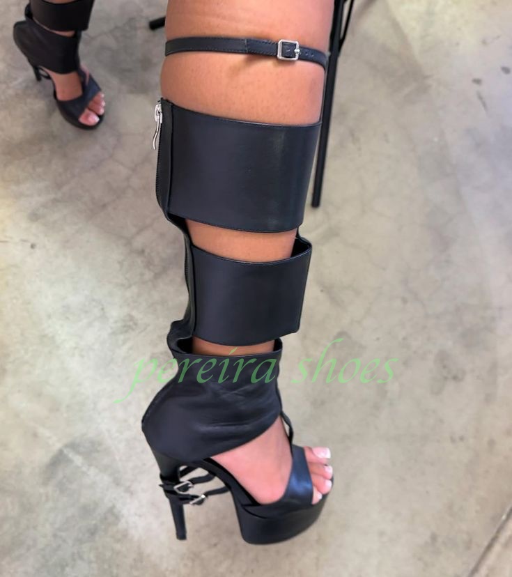 Kids Shoes Women - Lady Black Gladiator Buckle Strap Knee