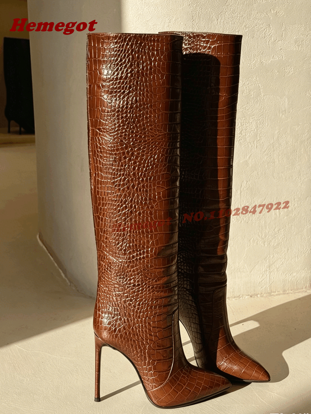 Women'S Shoes Crocs - Brown Croc-Embossed Leather Knee High Boots