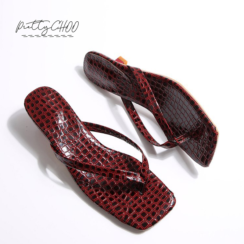 Women Shoes Sandals - Crocodile Print Kitten Heel Flip Flops